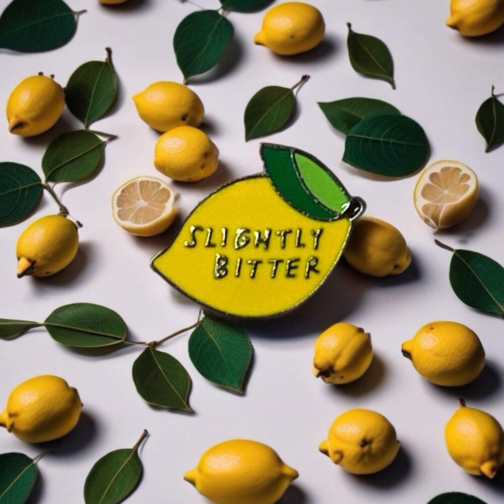 Slightly Bitter Lemon Pin Brooch Enamel Yellow Black Silver Funny Sassy Crafty